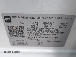 2021 Chevrolet Blazer Premier with VIN 3GNKBLRS6MS563360, listed as a IAAI auction lot 41760795 with 29,534 mi miles and . Bid and sale history available at DreamBid. Image 9.