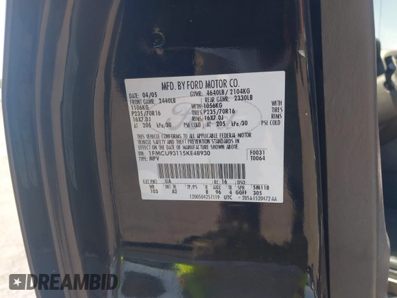 2005 Ford Escape XLT with VIN 1FMCU93115KE48930, listed as a IAAI auction lot 42592931 with 180,260 mi miles and . Bid and sale history available at DreamBid. Image 9.