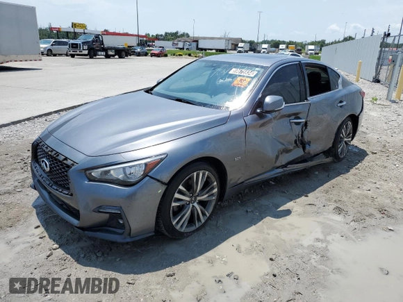 2019 Infiniti Q50 Luxe z VIN JN1EV7AR7KM592198, wystawiony jako Copart lot #59675934 z przebiegiem 97 104 mil mil oraz Czysty tytuł • Clean title. Historia ofert i sprzedaży dostępna na DreamBid. Obrazek 1.