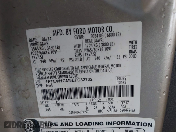 2014 Ford F-150 XL with VIN 1FTEW1CM8EFC32732, listed as a IAAI auction lot 41856708 with 169,574 mi miles. Bid and sale history available at carsss.com. Image 9.