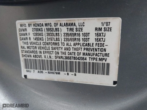 2007 Honda Odyssey EX-L with VIN 5FNRL38687B042064, listed as a IAAI auction lot 41468860 with 199,688 mi miles. Bid and sale history available at carsss.com. Image 9.