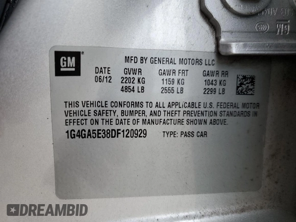 2013 Buick LaCrosse с VIN 1G4GA5E38DF120929, выставлен на аукционе Copart как лот 85129384 с пробегом 121 425 миль миль и Списание • Salvage title. История ставок и продаж доступна на DreamBid. Изображение 12.
