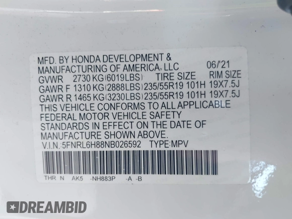 2022 Honda Odyssey Touring with VIN 5FNRL6H88NB026592, listed as a IAAI auction lot 42367048 with 57,066 mi miles and . Bid and sale history available at DreamBid. Image 9.