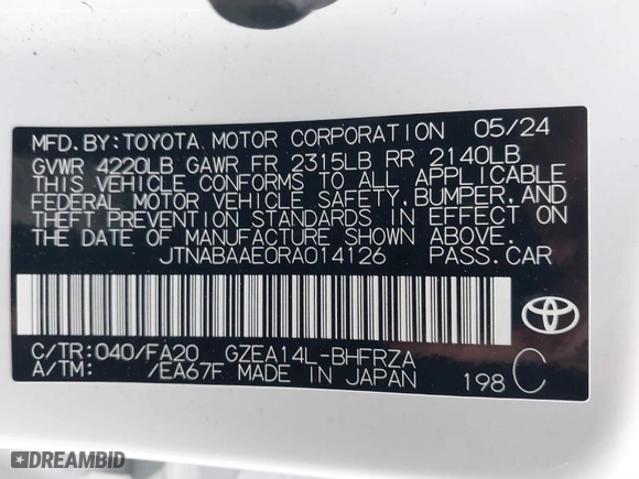 2024 Toyota GR Corolla Core with VIN JTNABAAE0RA014126, listed as a IAAI auction lot 40963387 with NaN miles. Bid and sale history available at carsss.com. Image 9.
