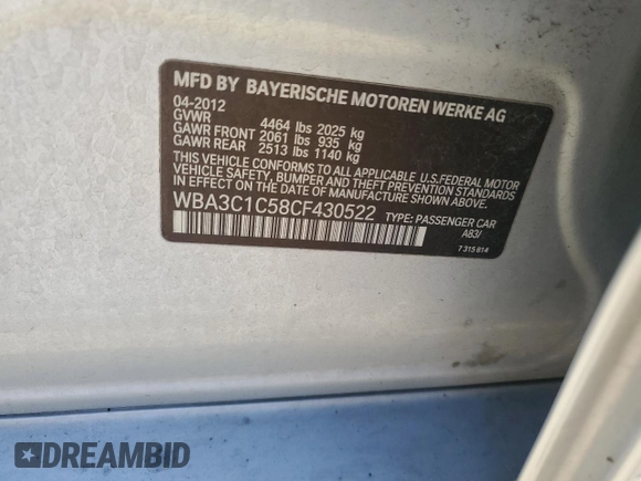 2012 BMW 3 Series 328i with VIN WBA3C1C58CF430522, listed as a Copart auction lot 62267775 with 149,473 mi miles and Clean title. Bid and sale history available at DreamBid. Image 12.
