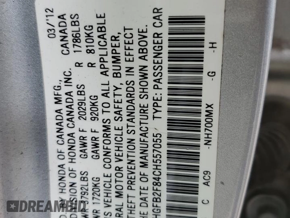 2012 Honda Civic EX with VIN 2HGFB2F84CH557055, listed as a Copart auction lot 55141985 with 174,379 mi miles and Salvage Title. Bid and sale history available at DreamBid. Image 12.