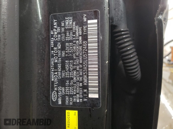 2020 Hyundai Kona Ultimate with VIN KM8K53A55LU572468, listed as a Copart auction lot 88451785 with 53,377 mi miles and Salvage Title. Bid and sale history available at carsss.com. Image 13.