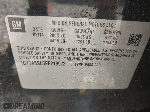 2014 Chevrolet Malibu LS with VIN 1G11A5SL5EF218972, listed as a IAAI auction lot 42072368 with 219,033 mi miles and . Bid and sale history available at DreamBid. Image 9.
