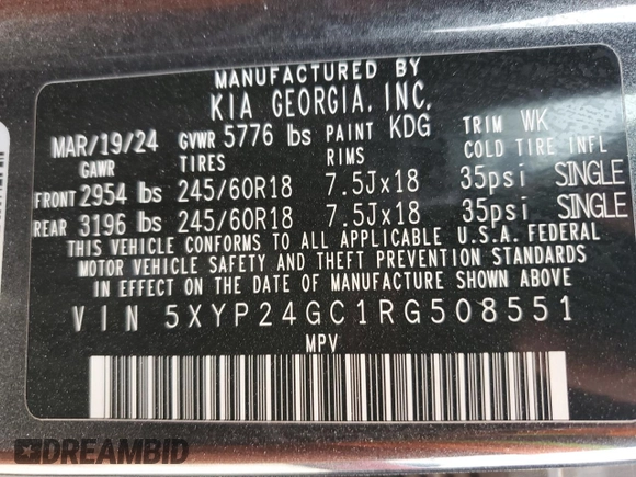 2024 Kia Telluride LX z VIN 5XYP24GC1RG508551, wystawiony jako Copart lot #42731435 z przebiegiem 16 931 mil mil oraz Szkoda całkowita • Salvage title. Historia ofert i sprzedaży dostępna na DreamBid. Obrazek 15.