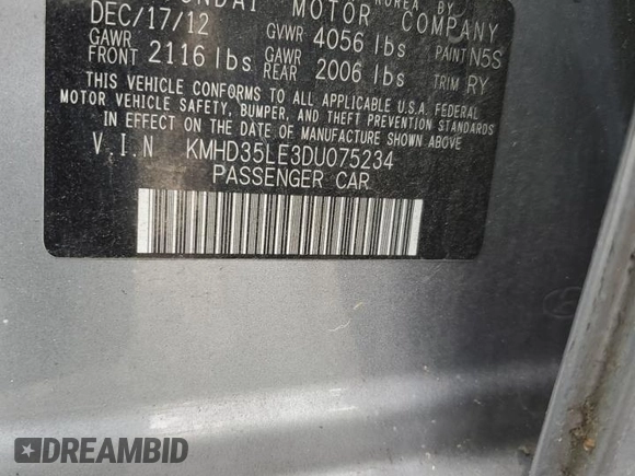 2013 Hyundai Elantra z VIN KMHD35LE3DU075234, wystawiony jako Copart lot #57754185 z przebiegiem 107 040 mil mil oraz Szkoda całkowita • Salvage title. Historia ofert i sprzedaży dostępna na DreamBid. Obrazek 13.