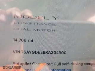 2024 Tesla Model Y Long Range with VIN 7SAYGDEE8RA304900, listed as a Copart auction lot 48895085 with 14,766 mi miles and Salvage Title. Bid and sale history available at carsss.com. Image 9.