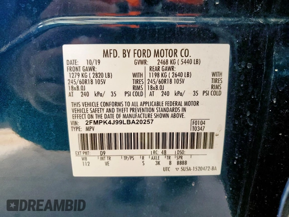 2020 Ford Edge SEL с VIN 2FMPK4J99LBA20257, выставлен на аукционе Copart как лот 60680775 с пробегом 107 949 миль миль и Чистый • Clean title. История ставок и продаж доступна на DreamBid. Изображение 13.