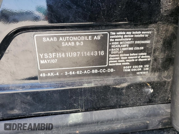 2007 Saab 9-3 Aero z VIN YS3FH41U971144316, wystawiony jako Copart lot #58774164 z przebiegiem Nie podano mil oraz Nie do naprawy • Non repairable. Historia ofert i sprzedaży dostępna na DreamBid. Obrazek 12.