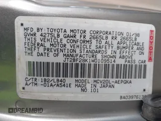 1998 Toyota Camry LE z VIN JT2BF28K1W0109514, wystawiony jako IAAI lot #41610102 z przebiegiem 161 266 mil mil oraz . Historia ofert i sprzedaży dostępna na DreamBid. Obrazek 9.