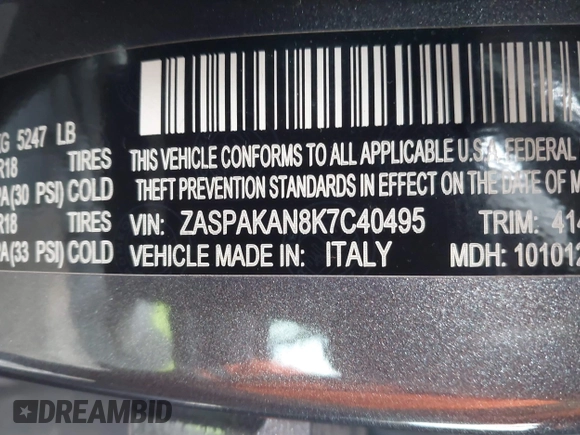2019 Alfa Romeo Stelvio z VIN ZASPAKAN8K7C40495, wystawiony jako IAAI lot #41693705 z przebiegiem 36 415 mil mil oraz . Historia ofert i sprzedaży dostępna na DreamBid. Obrazek 9.