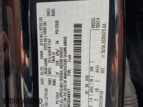 2022 Ford F-150 Lightning Pro z VIN 1FTVW1EL6NWG04931, wystawiony jako Copart lot #59096435 z przebiegiem 26 616 mil mil oraz Szkody całkowita. Historia ofert i sprzedaży dostępna na DreamBid. Obrazek 13.