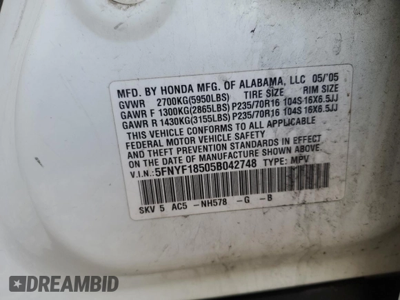 2005 Honda Pilot EX-L z VIN 5FNYF18505B042748, wystawiony jako Copart lot #56696285 z przebiegiem 181 638 mil mil oraz Szkoda całkowita • Salvage title. Historia ofert i sprzedaży dostępna na DreamBid. Obrazek 12.