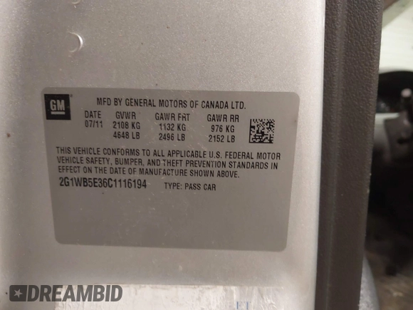 2012 Chevrolet Impala LT Retail with VIN 2G1WB5E36C1116194, listed as a IAAI auction lot 41969748 with 120,720 mi miles and . Bid and sale history available at DreamBid. Image 9.