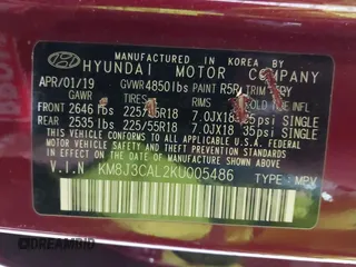 2019 Hyundai Tucson Ultimate with VIN KM8J3CAL2KU005486, listed as a IAAI auction lot 41605303 with 4,033 mi miles. Bid and sale history available at carsss.com. Image 9.