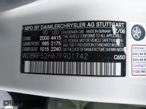 2007 Mercedes-Benz C 230 Sport with VIN WDBRF52H67F901742, listed as a IAAI auction lot 42135708 with 219,166 mi miles and . Bid and sale history available at DreamBid. Image 9.
