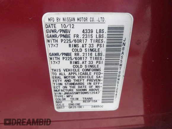 2013 Nissan Rogue S with VIN JN8AS5MT8DW512547, listed as a IAAI auction lot 41970436 with 138,087 mi miles. Bid and sale history available at carsss.com. Image 9.