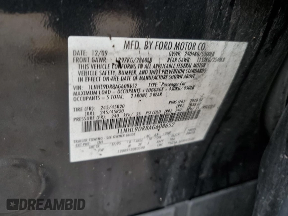2010 Lincoln MKS with VIN 1LNHL9DR8AG608652, listed as a Copart auction lot 78890844 with 206,010 mi miles and Non Repairable. Bid and sale history available at DreamBid. Image 12.