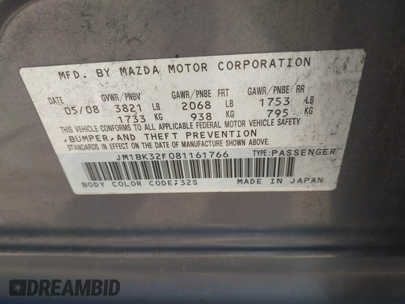 2008 Mazda 3 i Touring with VIN JM1BK32F081161766, listed as a IAAI auction lot 41853983 with 190,719 mi miles and . Bid and sale history available at DreamBid. Image 9.