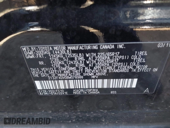 2011 Toyota RAV4 with VIN 2T3ZF4DV0BW078988, listed as a IAAI auction lot 41811396 with 189,892 mi miles. Bid and sale history available at carsss.com. Image 9.