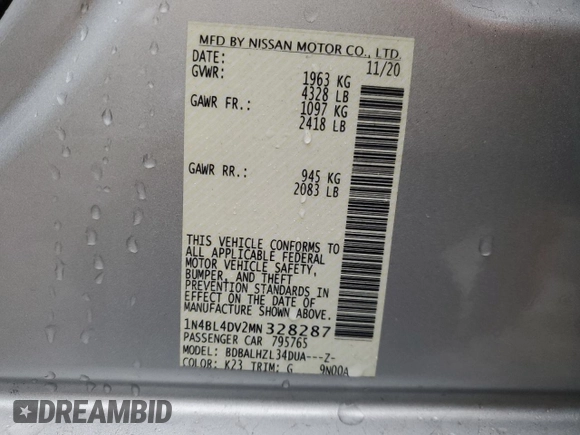 2021 Nissan Altima 2.5 SV with VIN 1N4BL4DV2MN328287, listed as a Copart auction lot 44202495 with 84,523 mi miles and Salvage Title. Bid and sale history available at carsss.com. Image 12.