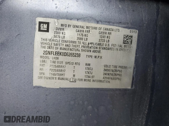 2013 Chevrolet Equinox LT z VIN 2GNFLEEK0D6265238, wystawiony jako Copart lot #55579815 z przebiegiem 129 431 mil mil oraz Szkoda całkowita • Salvage title. Historia ofert i sprzedaży dostępna na DreamBid. Obrazek 14.
