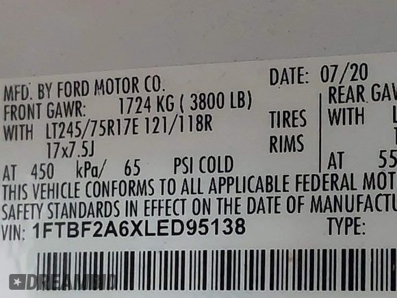 2020 Ford F-250 XL with VIN 1FTBF2A6XLED95138, listed as a IAAI auction lot 41315164 with 160,870 mi miles and . Bid and sale history available at DreamBid. Image 9.