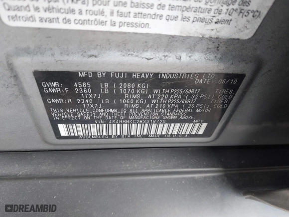 2011 Subaru Outback 2.5i Limited Pwr Moon with VIN 4S4BRBKC2B3318720, listed as a IAAI auction lot 41905456 with 100,970 mi miles. Bid and sale history available at carsss.com. Image 9.