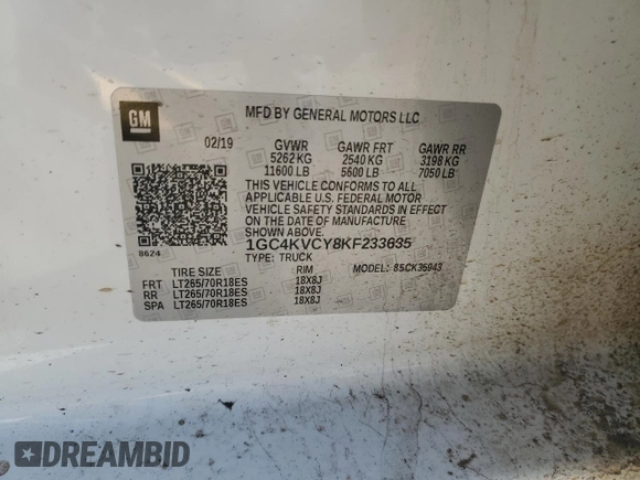2019 Chevrolet Silverado 3500HD Work Truck with VIN 1GC4KVCY8KF233635, listed as a Copart auction lot 88246525 with 92,341 mi miles and Salvage Title. Bid and sale history available at carsss.com. Image 13.