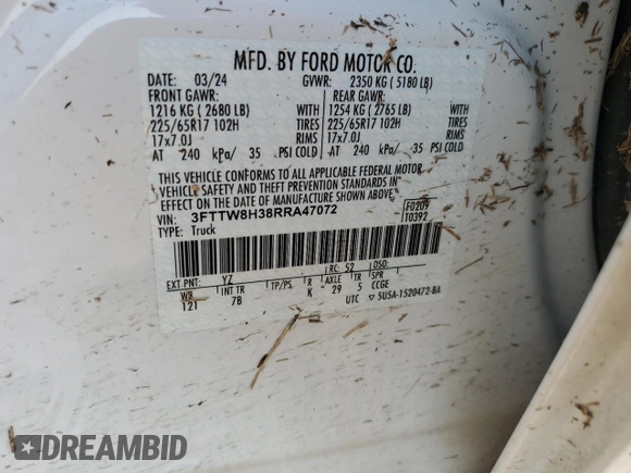 2024 Ford Maverick XLT z VIN 3FTTW8H38RRA47072, wystawiony jako Copart lot #51919395 z przebiegiem Nie podano mil oraz Szkoda całkowita • Salvage title. Historia ofert i sprzedaży dostępna na DreamBid. Obrazek 16.