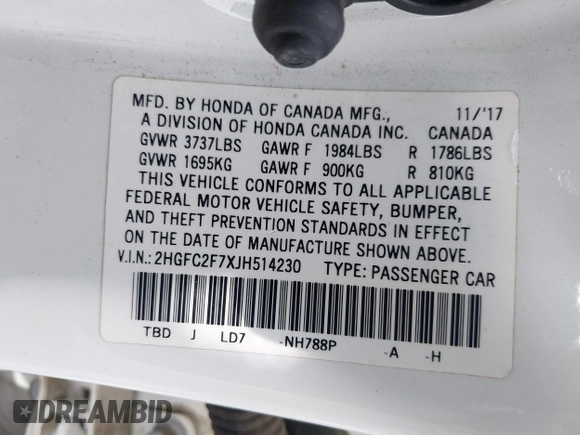 2018 Honda Civic EX с VIN 2HGFC2F7XJH514230, выставлен на аукционе IAAI как лот 41753552 с пробегом 137 232 миль миль и . История ставок и продаж доступна на DreamBid. Изображение 9.