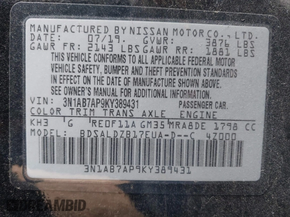 2019 Nissan Sentra SV z VIN 3N1AB7AP9KY389431, wystawiony jako IAAI lot #41652025 z przebiegiem 81 241 mil mil oraz . Historia ofert i sprzedaży dostępna na DreamBid. Obrazek 9.