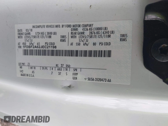 2018 Ford F-250 XL with VIN 1FDBF2A62JEC21198, listed as a IAAI auction lot 42362024 with 104,276 mi miles and . Bid and sale history available at DreamBid. Image 9.