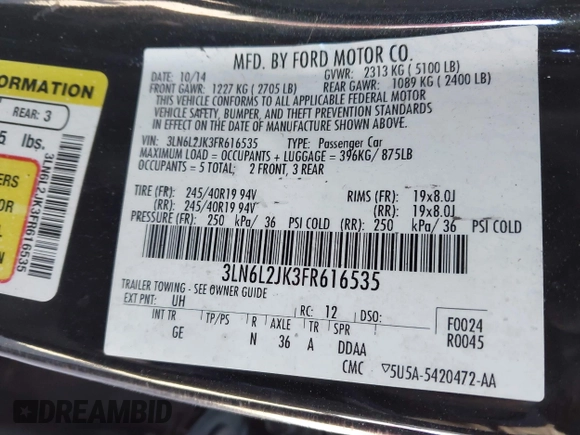 2015 Lincoln MKZ с VIN 3LN6L2JK3FR616535, выставлен на аукционе IAAI как лот 41898478 с пробегом Не указан миль и . История ставок и продаж доступна на DreamBid. Изображение 9.