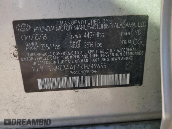 2019 Hyundai Sonata SEL with VIN 5NPE34AF4KH749655, listed as a Copart auction lot 47893025 with 101,091 mi miles and Salvage Title. Bid and sale history available at DreamBid. Image 12.