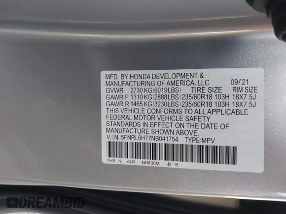 2022 Honda Odyssey EX-L with VIN 5FNRL6H77NB041754, listed as a IAAI auction lot 41791425 with 15,306 mi miles and . Bid and sale history available at DreamBid. Image 9.
