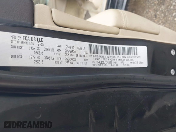 2015 Jeep Grand Cherokee Overland with VIN 1C4RJECG1FC769950, listed as a IAAI auction lot 42405712 with 217,514 mi miles and . Bid and sale history available at DreamBid. Image 9.