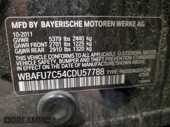 2012 BMW 5 Series 535i xDrive with VIN WBAFU7C54CDU57788, listed as a Copart auction lot 54227665 with 124,903 mi miles and Clean Title. Bid and sale history available at DreamBid. Image 12.
