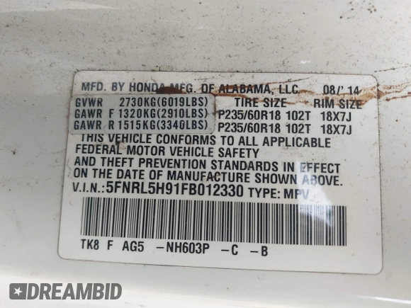2015 Honda Odyssey Touring Elite с VIN 5FNRL5H91FB012330, выставлен на аукционе IAAI как лот 42307107 с пробегом 152 087 миль миль и . История ставок и продаж доступна на DreamBid. Изображение 9.