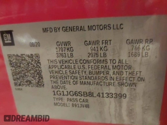 2020 Chevrolet Sonic LT with VIN 1G1JG6SB8L4133399, listed as a IAAI auction lot 41349113 with 66,815 mi miles and . Bid and sale history available at DreamBid. Image 9.