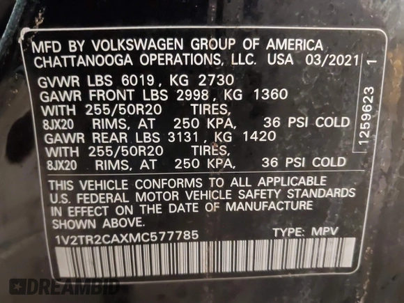 2021 Volkswagen Atlas SEL Premium z VIN 1V2TR2CAXMC577785, wystawiony jako IAAI lot #41613198 z przebiegiem 81 712 mil mil oraz . Historia ofert i sprzedaży dostępna na DreamBid. Obrazek 9.