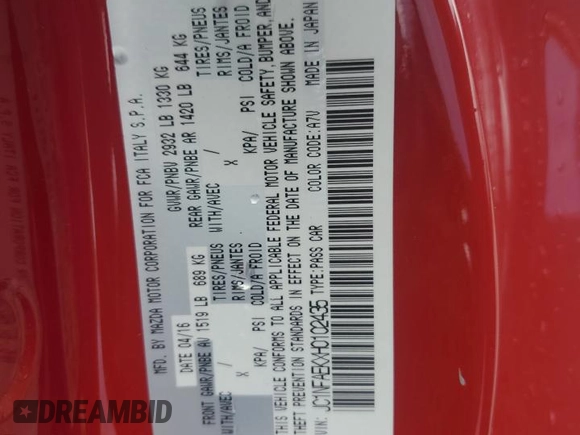 2017 FIAT 124 Spider Lusso z VIN JC1NFAEKXH0102435, wystawiony jako Copart lot #54235675 z przebiegiem 84 343 mil mil oraz Szkoda całkowita • Salvage title. Historia ofert i sprzedaży dostępna na DreamBid. Obrazek 12.