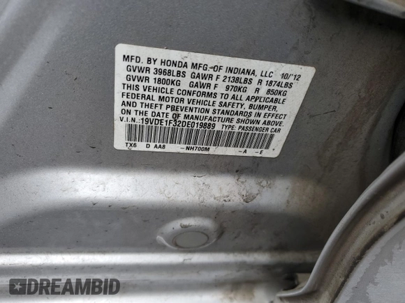 2013 Acura ILX with VIN 19VDE1F32DE019889, listed as a Copart auction lot 45943165 with 164,072 mi miles and Salvage Title. Bid and sale history available at DreamBid. Image 12.