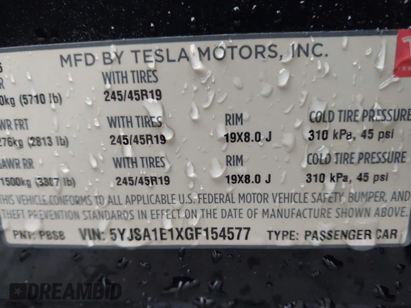2016 Tesla Model S 70 with VIN 5YJSA1E1XGF154577, listed as a IAAI auction lot 41778697 with 62,630 mi miles and . Bid and sale history available at DreamBid. Image 9.