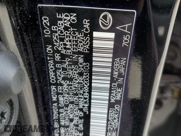 2021 Lexus UX 200 F Sport with VIN JTHE3JBHXM2033103, listed as a Copart auction lot 51348374 with 29,325 mi miles and . Bid and sale history available at DreamBid. Image 12.