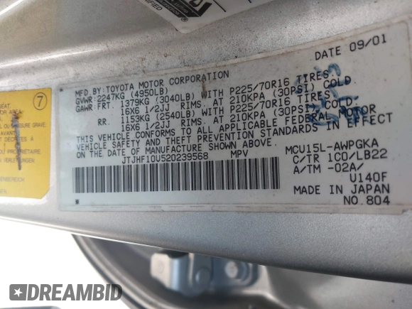 2002 Lexus RX 300 with VIN JTJHF10U520239568, listed as a IAAI auction lot 42179659 with 214,348 mi miles and . Bid and sale history available at DreamBid. Image 9.